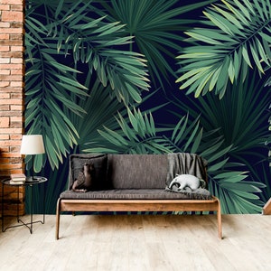 Dark Background Tropical Wallpaper, Floral Wall Mural, Green Leaf ...