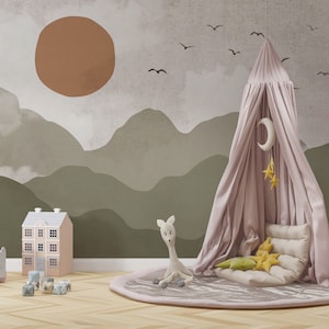 Bohemian Colors Self Adhesive Nursery Wallpaper | Sunset Through The Mountains With Watercolor Effect Peel & Stick Textured Wall Mural