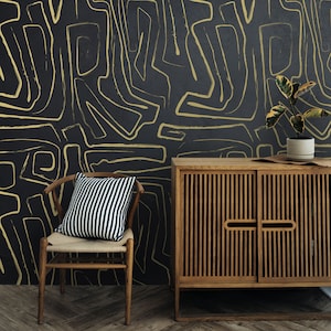 Papier peint géométrique noir et or - Papier peint lignes abstraites modernes - Art mural minimaliste