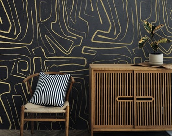 Black and Gold Geometric Wallpaper - Modern Abstract Lines Wall Mural - Minimalist Wall Art