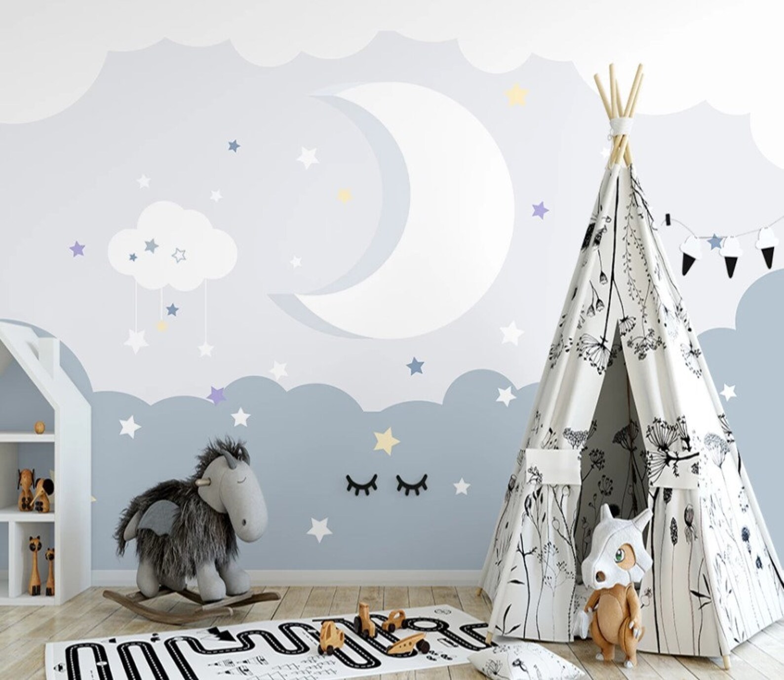 Cute Moon and Stars Nursery Wallpaper Blue Kids Room Wall Etsy