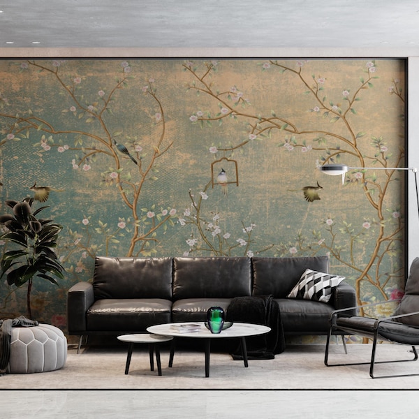 Mint Chinoiserie Wallpaper, Birds and Trees Chinese Style Wall Decor, Easy Removable Floral Wall Mural, Trend Wallpaper, Peel and Stick