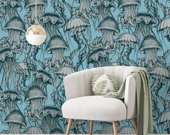 Jellyfish Wallpaper, Blue Ocean Wall Mural, Living Room Underwater Wall Art
