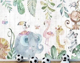 Mural de papel pintado con animales en acuarela: decoración tropical para habitación infantil