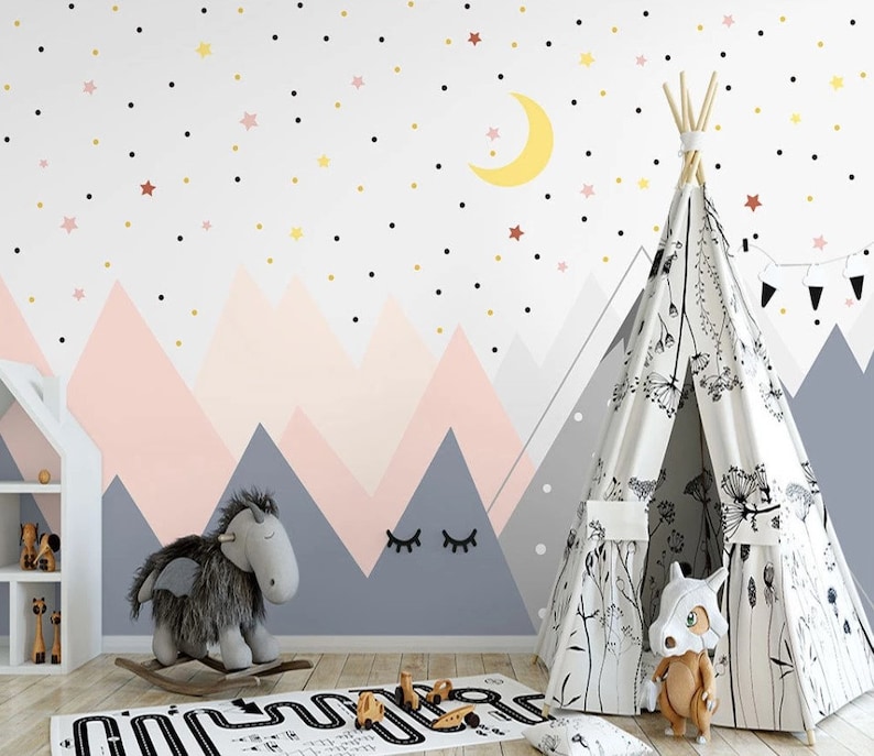 Moon and Stars Unisex Nursery Room Wallpaper Pink and Blue Etsy