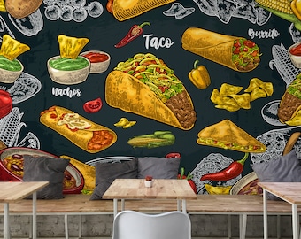 Papel pintado de restaurante mexicano, mural de comida rápida - Decoración de pared autoadhesiva culinaria