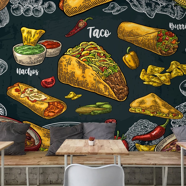 Mexican Restaurant Wallpaper, Fast Food Mural - Culinary Peel & Stick Wall Decor