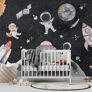 Carta da parati per cameretta dei bambini con motivo spaziale / Carta da parati con animali astronauti / Carta da parati pastello per cameretta dei bambini / Decorazione da parete per cameretta dei bambini