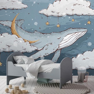 Carta da parati con illustrazione di balena spaziale per la cameretta dei bambini, murale blu per la cameretta dei bambini, decorazione da parete con luna e nuvole per la cameretta dei bambini.