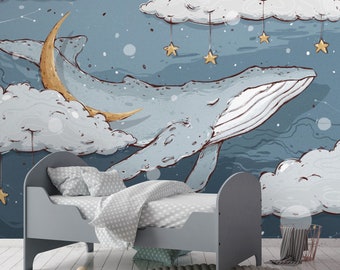 Space Whale Nursery Wallpaper: Blue Moon & Cloud Wall Mural