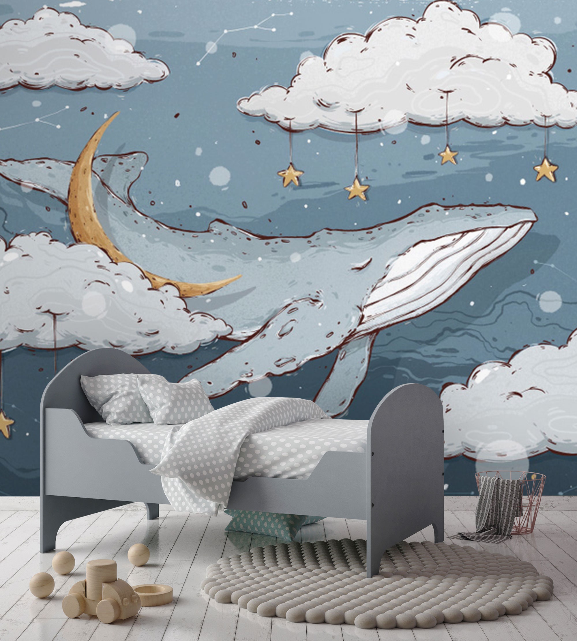 Space Whale Illustration Nursery Wallpaper Blue Wall Mural Etsy