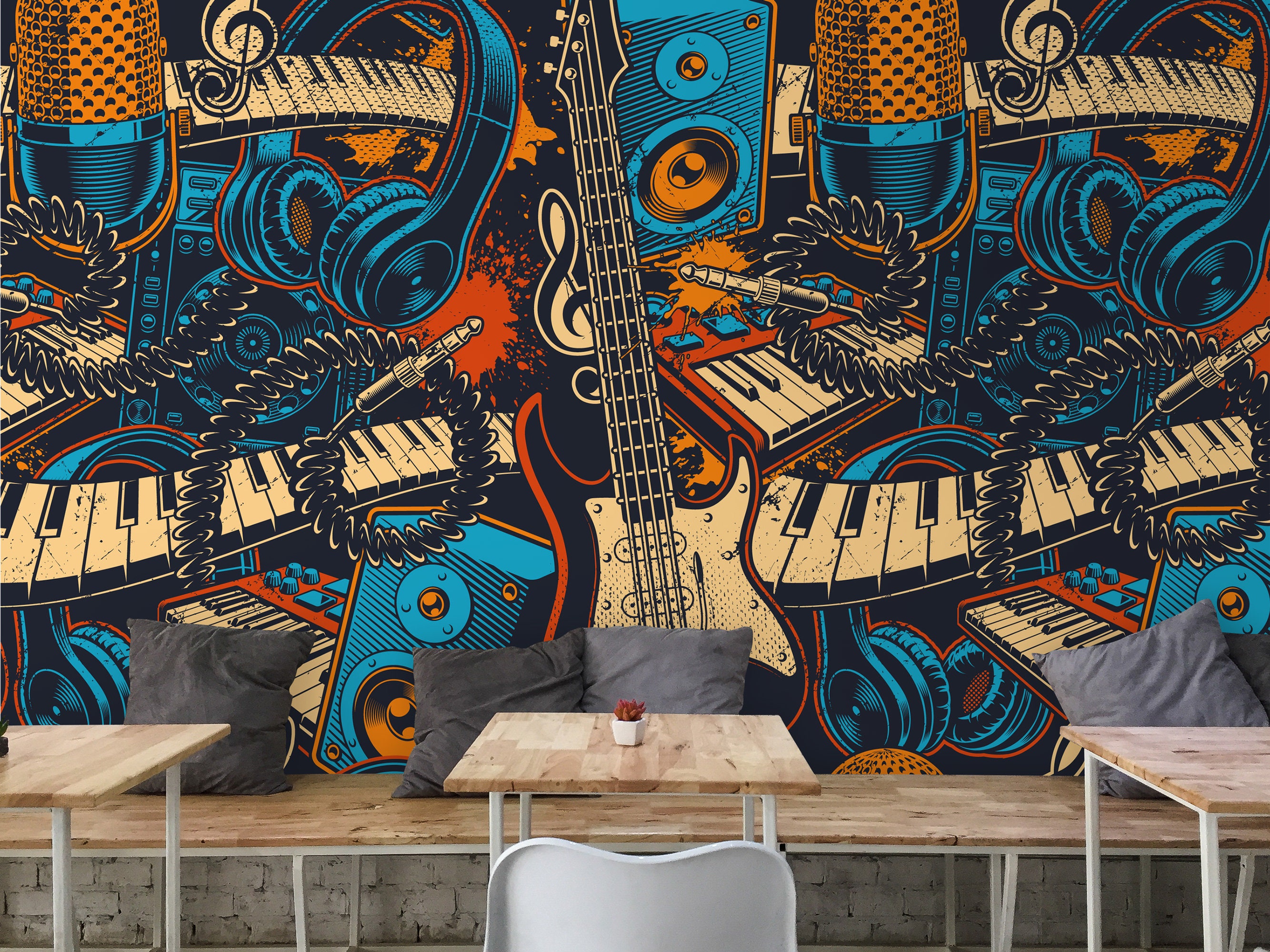 Music Instrument Cafe Wallpaper Modern Rock Bar Wall Mural - Etsy 日本