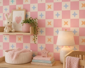 Pastellrutig tapet, Rosa barnrumstapet, Retro barnrumsinredning