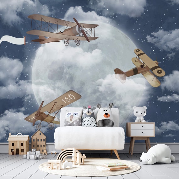 Aircraft Nursery Room Wall Airplane Decor - Mural, Cloud and and Wall Sky Moon Stars Kids on Art, Retro Wallpaper, Etsy Full Plane Wall Baby