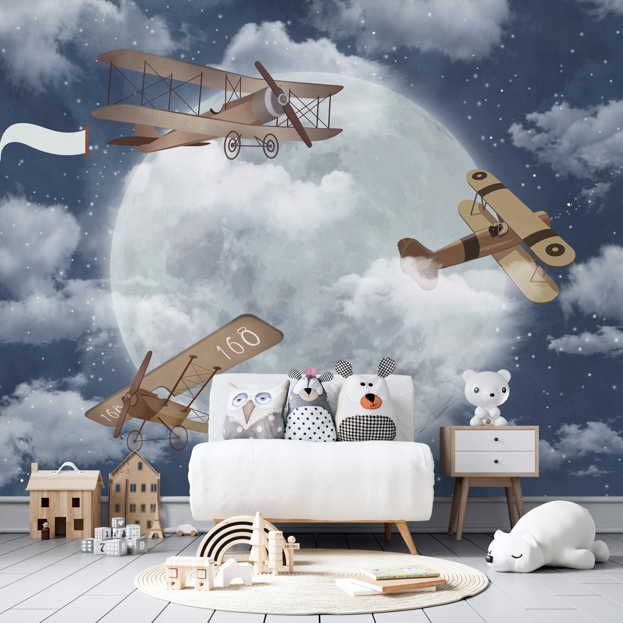 Aircraft and Full Moon Nursery Wallpaper Retro Plane on Sky - Etsy Aircraft and Full Moon Nursery Wallpaper Retro Plane on Sky - Etsy