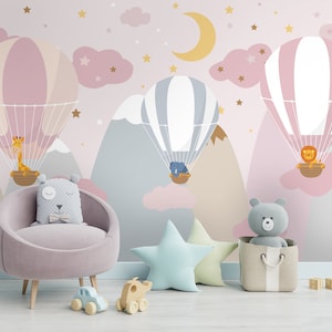 Kinder Tapete Kinderzimmer Wandbild Heißluftballon Mond Wolke Sterne Tiere Bunte Wandkunst Kinderzimmer Design Benutzerdefinierte Größe