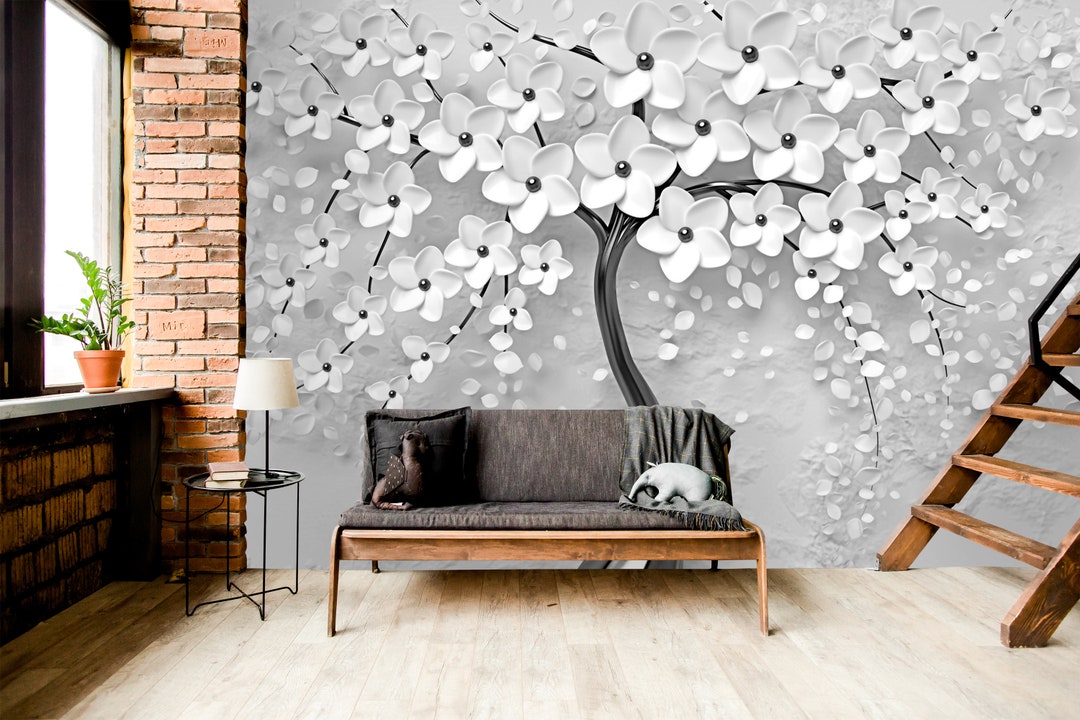 3D Look Black Tree Wallpaper, Black and White Tree With Flower Wall