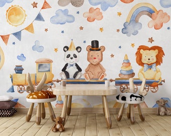 Animals in Train on Sunny Day Nursery Wallpaper, Watercolor Animal Kids Room Wall Mural, Rainbow and Clouds Wall Decor