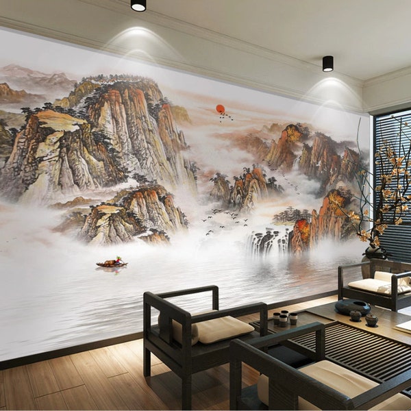 Chinoiserie Sunset Landscape Wallpaper: Removable Wall Mural