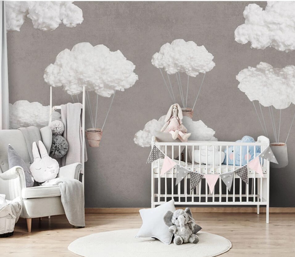 Cloud Shaped Balloons Nursery Wallpaper Gray Background Balloon Kids Room Wall Mural Unisex Baby Room Wall Decor Etsy