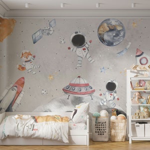Space Nursery Wallpaper | Astronaut Animal Wall Mural | Pastel Wallpaper for Nursery | Kids Room Wall Decor