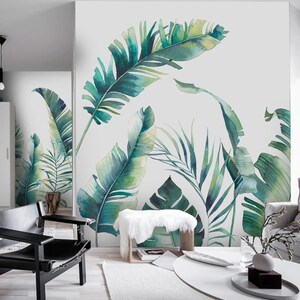 Carta da parati con grandi foglie tropicali verdi, carta da parati murale staccabile e adesiva con foglie di palma per soggiorno, decorazione murale botanica