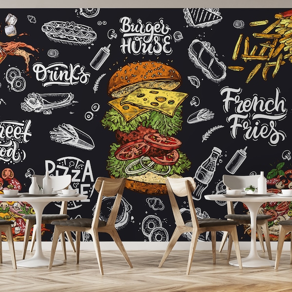 Fast Food Wallpaper | Peel and Stick Wallpaper for Restaurant | Burger Wallpaper | Custom Wallpaper