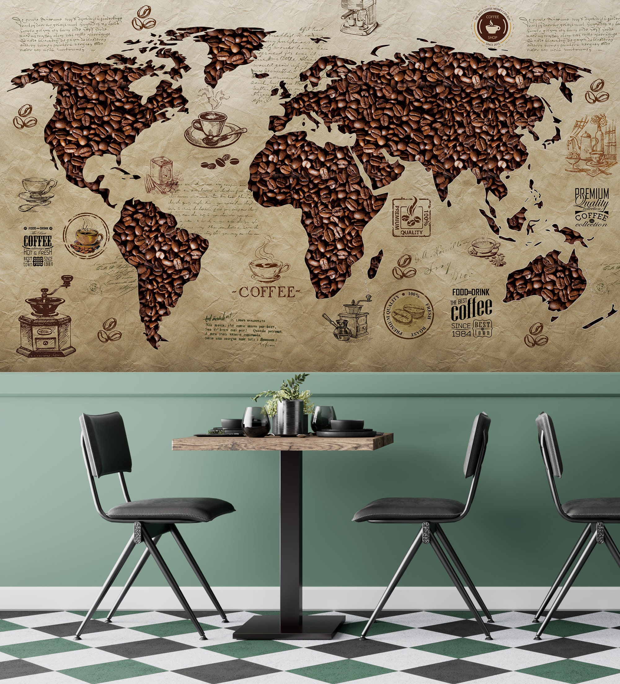 コーヒー豆の世界地図の壁紙：カフェレストランの壁画 - Etsy 日本