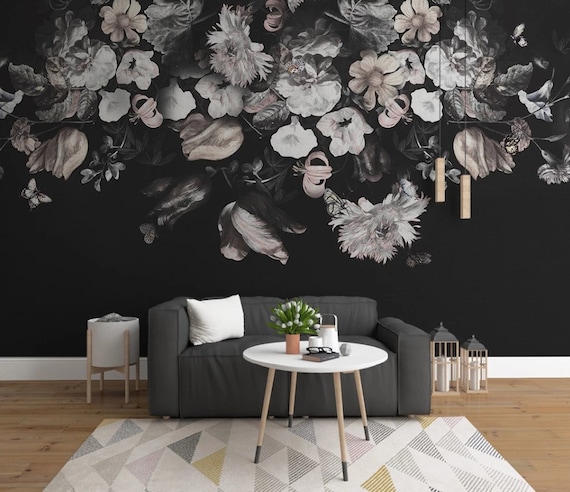 Dark Background, Pastel Color Flowers Wallpaper, Vintage Pink Floral Wall  Mural, Easy Removable, Living Room Wall Decor - Etsy