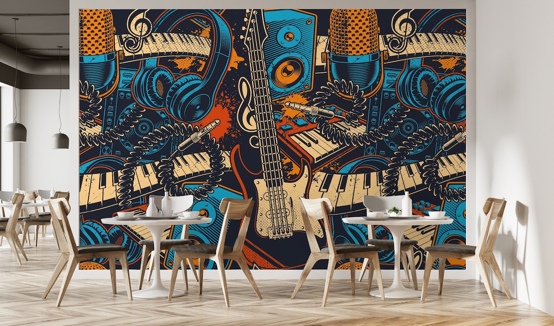 Music Cafe Wallpaper Mural: Rock Bar Decor, Peel and Stick - Etsy