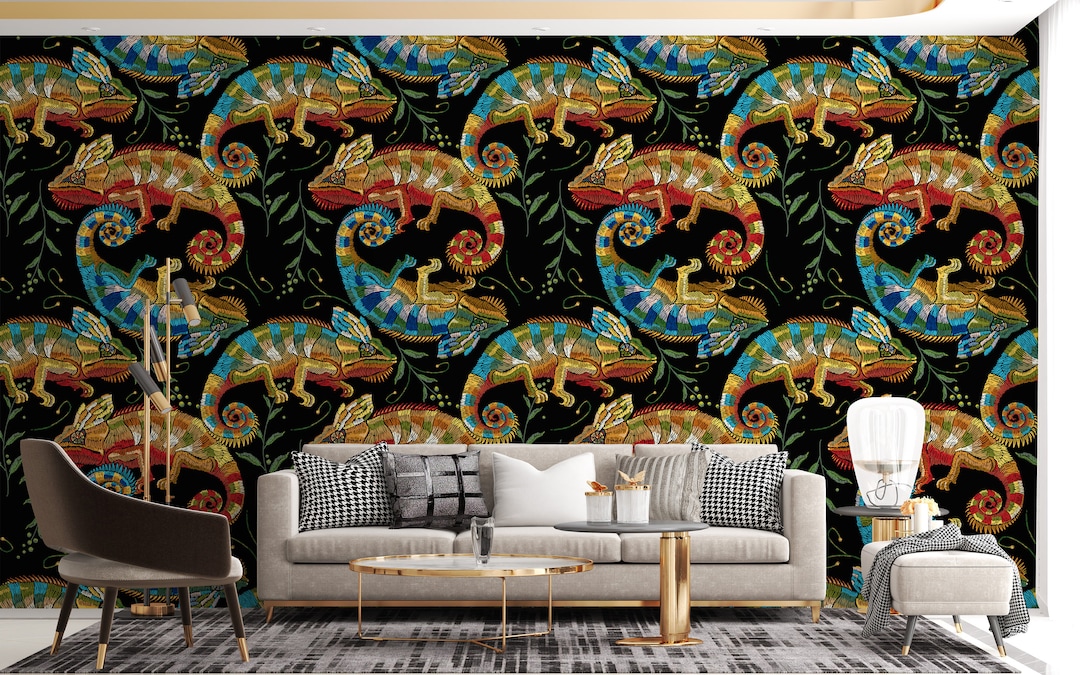 Chameleon Wallpaper: Tropical Lizard Pattern, Black Background - Etsy