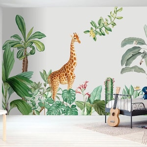 Watercolor Giraffe Nursery Wallpaper: Tropical Palm Leaves Peel and Stick Wall Mural