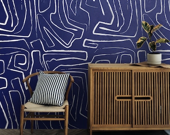 Navy Blue Abstract Lines Wallpaper: Modern Graffiti Wall Mural