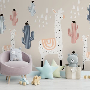 Carta da parati per bambini, carta da parati murale per cameretta dei bambini, cactus, lama, alpaca, arte murale colorata, design per cameretta dei bambini, dimensioni personalizzate