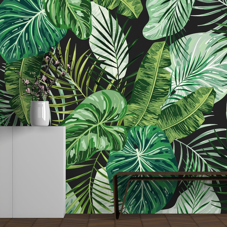 Tropical Green Palm Leaves Wallpaper: Peel and Stick Wall Mural - Etsy