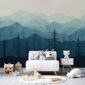 Blue Mountain Landscape Nursery Wallpaper - Kids Room Wall Mural Forest - Boys Wall Decor - Peel and Stick Wallpaper