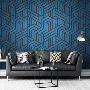 3D Abstract Blue Geometric Wallpaper, Living Room Wall Mural, Line Wall Decor