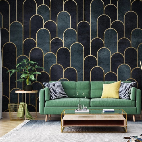Dark Background Gold Arches Wallpaper Lines Living Room - Etsy Dark Background Gold Arches Wallpaper Lines Living Room - Etsy