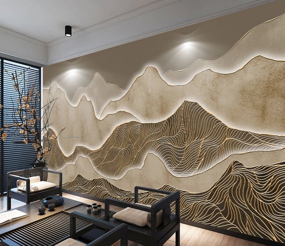 3D Look Relief Mountains Gold Details Wallpaper, Living Room Mountain Wall  Art, Chinoiserie Wall Mural 
