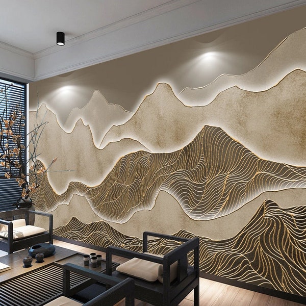 3D Look Relief Mountains Gold Details Wallpaper, Living Room Mountain Wall Art, Chinoiserie Wall Mural