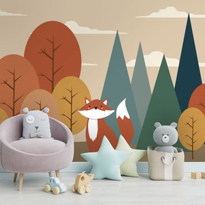Carta da parati con volpe / Carta da parati per cameretta dei bambini con motivi di montagna / Carta da parati pastello per cameretta dei bambini / Murale per la cameretta dei bambini