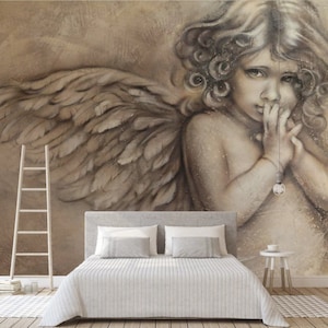 3D Wallpaper Little Angel - Brown Relief Wall Mural - Modern Peel and Stick Wall Decor - Custom Size Wallpaper