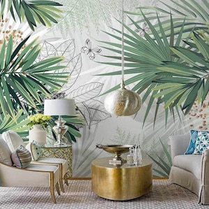 Carta da parati con foglie di palma verde tropicale, murale per soggiorno, decorazione murale con farfalle, decorazione murale con grandi foglie