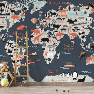Carta da parati per cameretta dei bambini con mappa del mondo blu navy e grigia, murale con animali e monumenti, decorazione educativa con mappa del mondo.