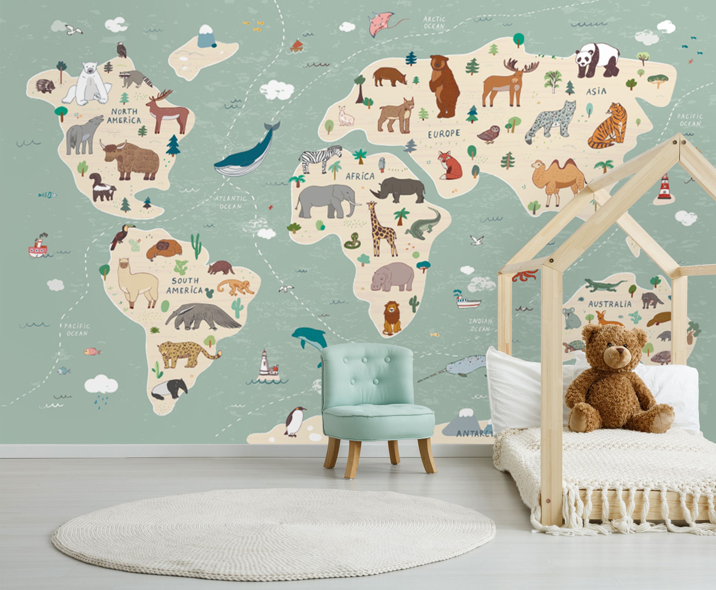 Wall wallpaper for children Map Mundi Gris