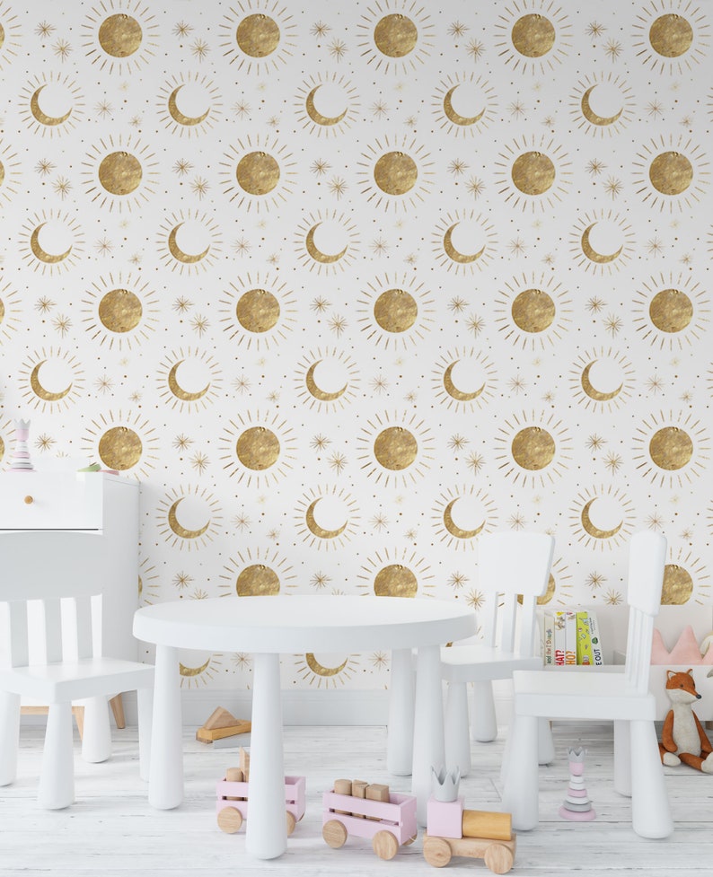 Gold Sun and Moon Nursery Wallpaper: Celestial Peel and Stick Wall ...