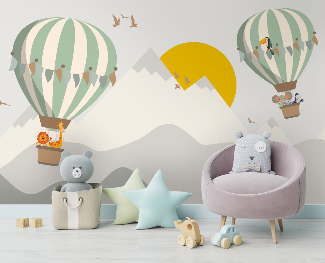 Kids Wallpaper Nursery Wallmural Air Balloon Sun Mountains Wallposter Animal Pastel Colorful
