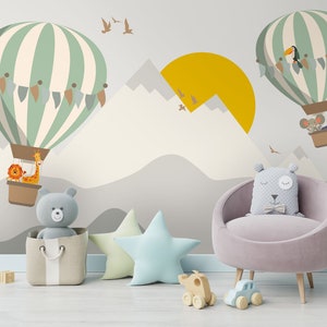 Carta da parati per bambini, murale per cameretta dei bambini, mongolfiera, sole e montagne, poster da parete, animale, pastello, colorato, design alla moda per la cameretta dei bambini, dimensioni personalizzate