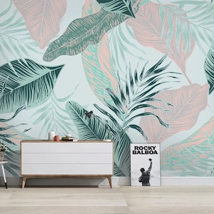 Carta da parati con foglie tropicali rosa e menta, murale con foglie color pastello, decorazione da parete con grandi foglie di palma staccabili e attaccabili