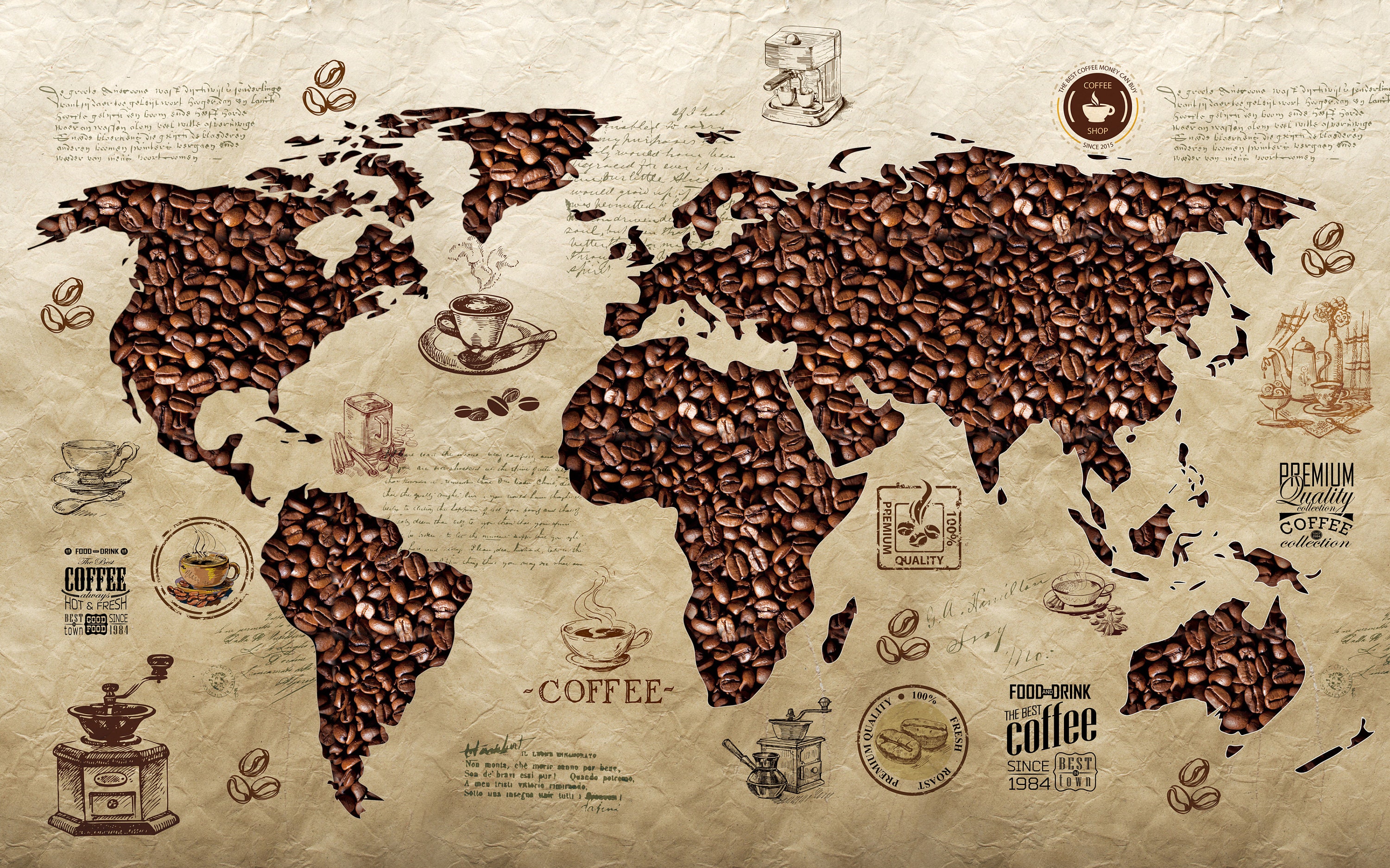 Coffee Beans World Map Wallpaper Cafe Shop Wall Mural Easy Etsy UK